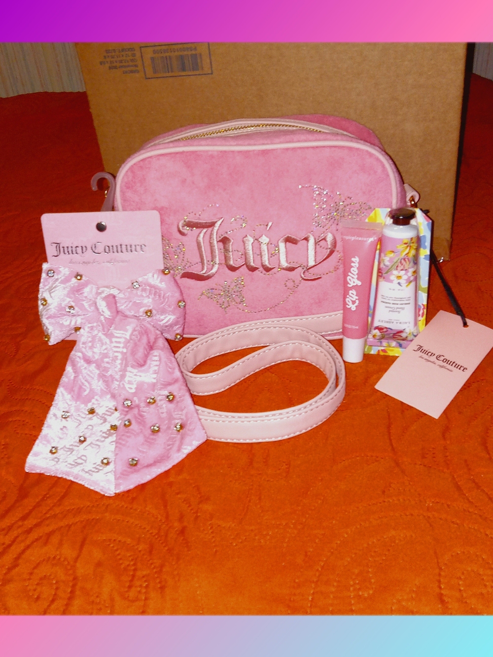 Womens Juicy Couture Pink Glitter Logo Crossbody 4pc Set